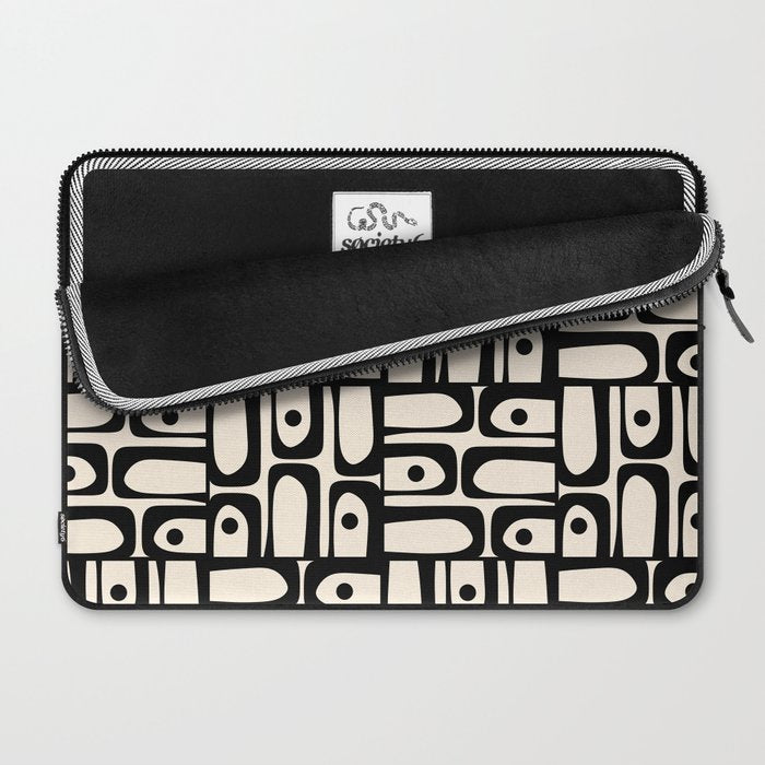 Mid Century Modern Piquet Abstract Multi Geometric Pattern in Black and Almond Cream Laptop Sleeve Gallery Image 2
