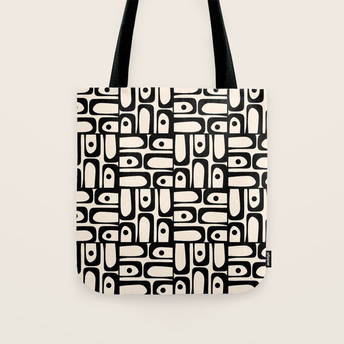 Mid Century Modern Piquet Abstract Multi Geometric Pattern in Black and Almond Cream Tote Bag Gallery Image 1