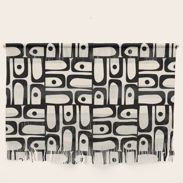 Mid Century Modern Piquet Abstract Multi Geometric Pattern in Black and Almond Cream Wall Hanging Gallery Image 1