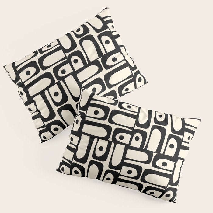 Mid Century Modern Piquet Abstract Multi Geometric Pattern in Black and Almond Cream Pillow Sham Gallery Image 1