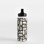 Mid Century Modern Piquet Abstract Multi Geometric Pattern in Black and Almond Cream Water Bottle Gallery Image 2