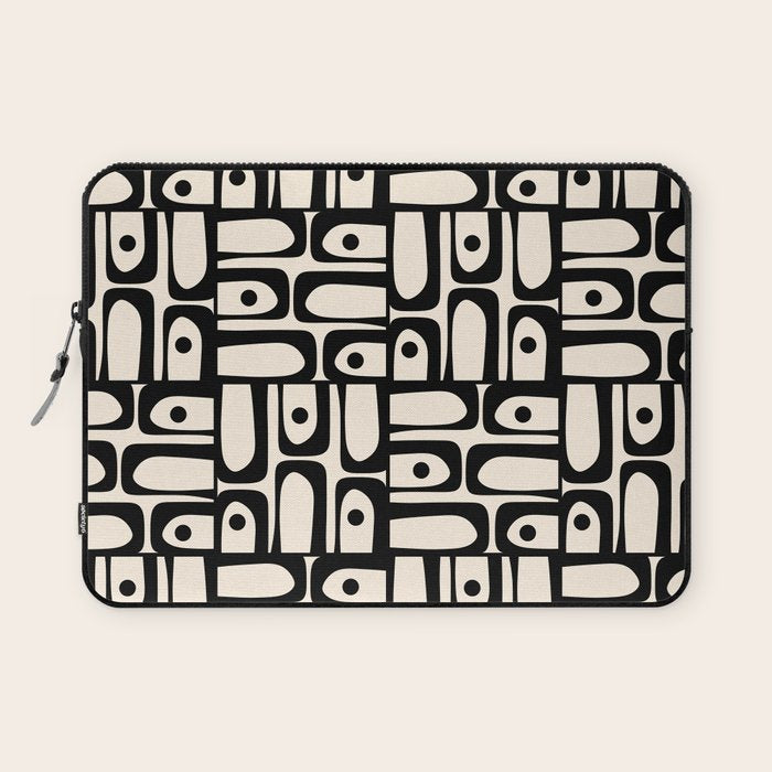 Mid Century Modern Piquet Abstract Multi Geometric Pattern in Black and Almond Cream Laptop Sleeve Gallery Image 1