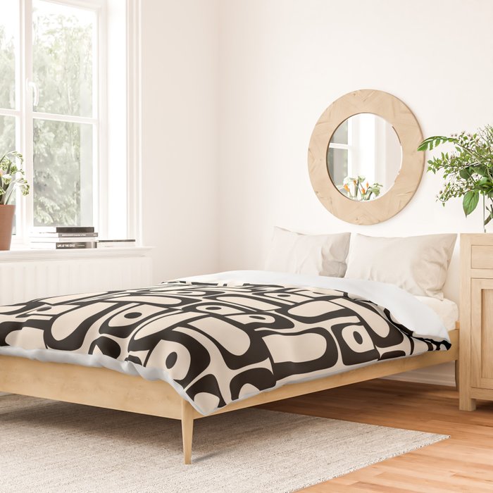 Mid Century Modern Piquet Abstract Multi Geometric Pattern in Black and Almond Cream Duvet Cover Gallery Image 2
