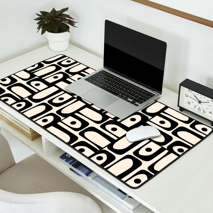 Mid Century Modern Piquet Abstract Multi Geometric Pattern in Black and Almond Cream Desk Mat Gallery Image 2