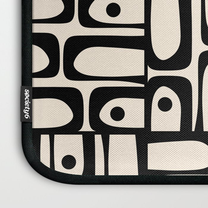 Mid Century Modern Piquet Abstract Multi Geometric Pattern in Black and Almond Cream Laptop Sleeve Gallery Image 3