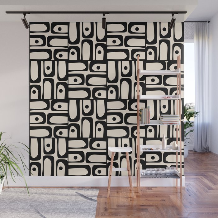 Mid Century Modern Piquet Abstract Multi Geometric Pattern in Black and Almond Cream Wall Mural Gallery Image 1
