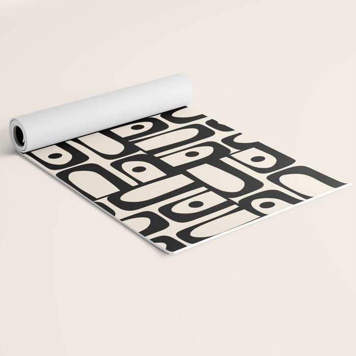 Mid Century Modern Piquet Abstract Multi Geometric Pattern in Black and Almond Cream Yoga Mat Gallery Image 2