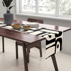 Mid Century Modern Piquet Abstract Multi Geometric Pattern in Black and Almond Cream Table Runner Gallery Image 2