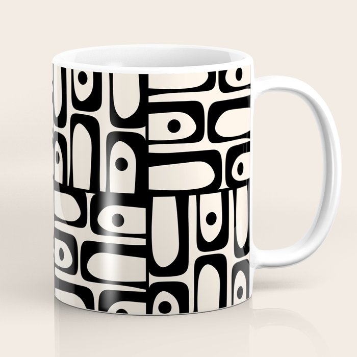 Mid Century Modern Piquet Abstract Multi Geometric Pattern in Black and Almond Cream Coffee Mug Gallery Image 1