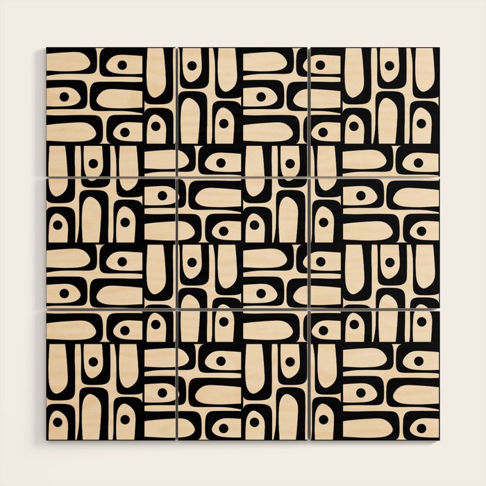 Mid Century Modern Piquet Abstract Multi Geometric Pattern in Black and Almond Cream Wood Wall Art Gallery Image 1