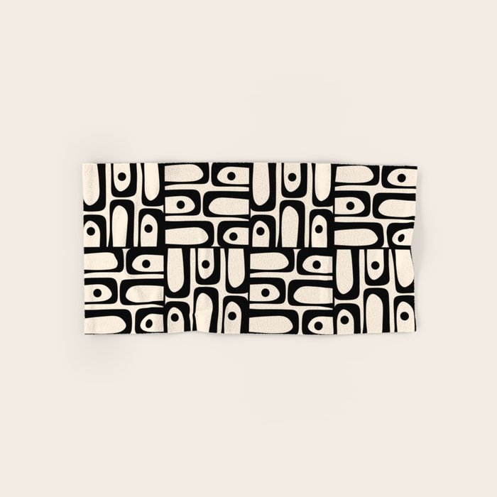 Mid Century Modern Piquet Abstract Multi Geometric Pattern in Black and Almond Cream Bath Towel Gallery Image 1