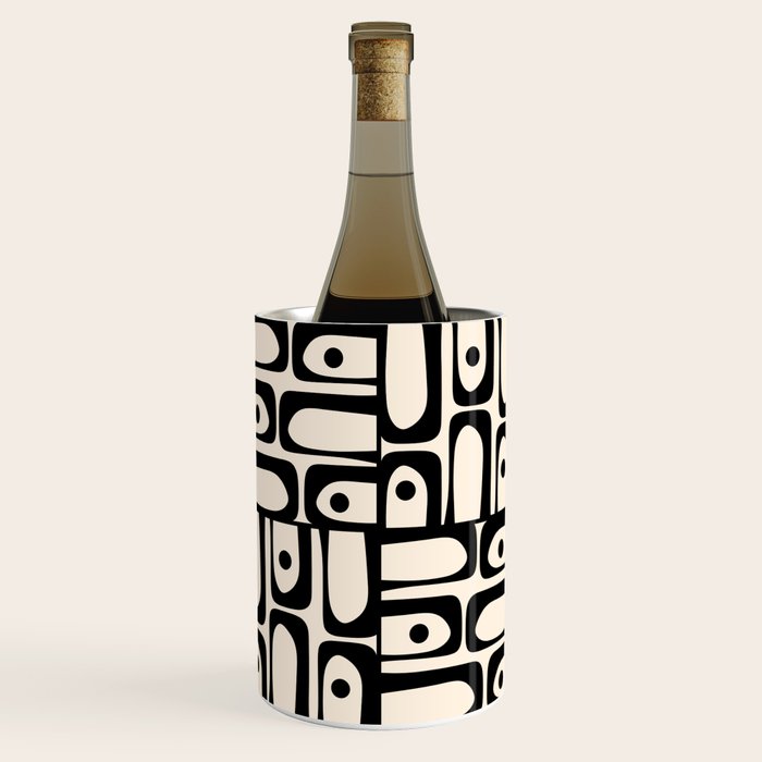 Mid Century Modern Piquet Abstract Multi Geometric Pattern in Black and Almond Cream Wine Chiller Gallery Image 1