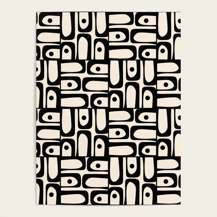 Mid Century Modern Piquet Abstract Multi Geometric Pattern in Black and Almond Cream Poster Gallery Image 4