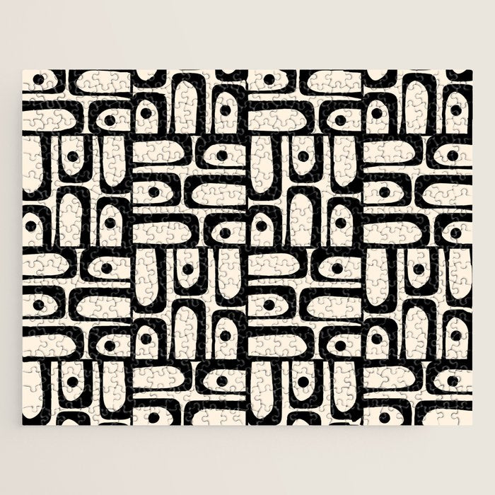 Mid Century Modern Piquet Abstract Multi Geometric Pattern in Black and Almond Cream Jigsaw Puzzle Gallery Image 1