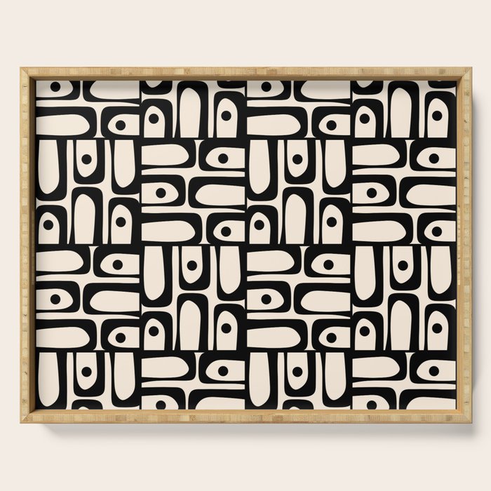 Mid Century Modern Piquet Abstract Multi Geometric Pattern in Black and Almond Cream Serving Tray Gallery Image 1