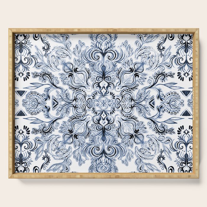 Indigo, Navy Blue and White Calligraphy Doodle Pattern Serving Tray Gallery Image 1