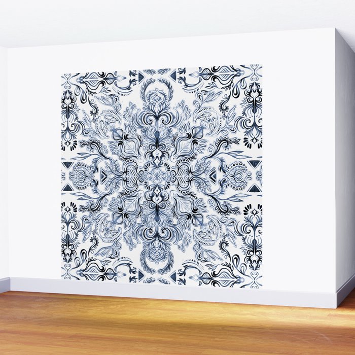 Indigo, Navy Blue and White Calligraphy Doodle Pattern Wall Mural Gallery Image 2