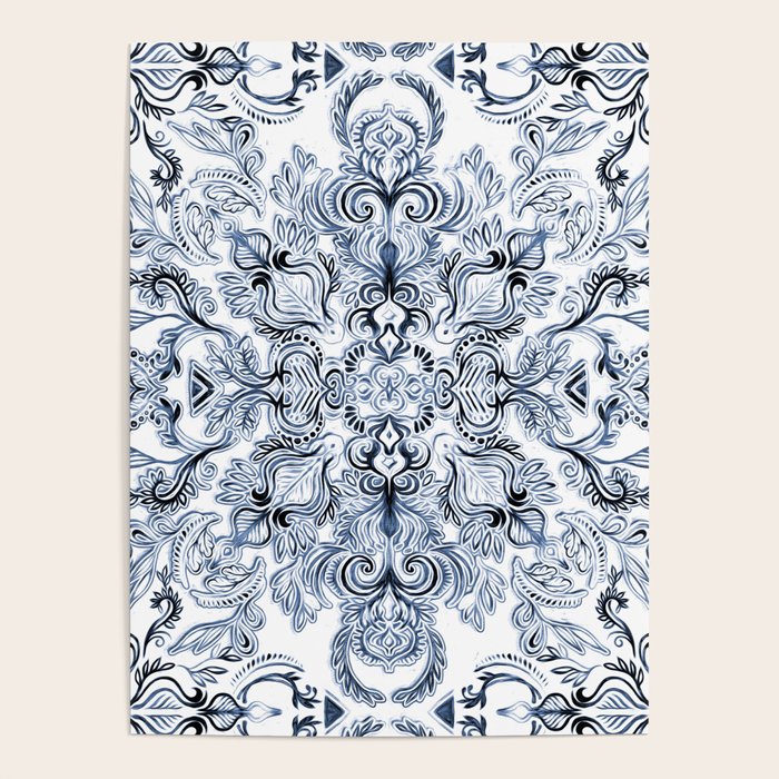 Indigo, Navy Blue and White Calligraphy Doodle Pattern Poster Gallery Image 4