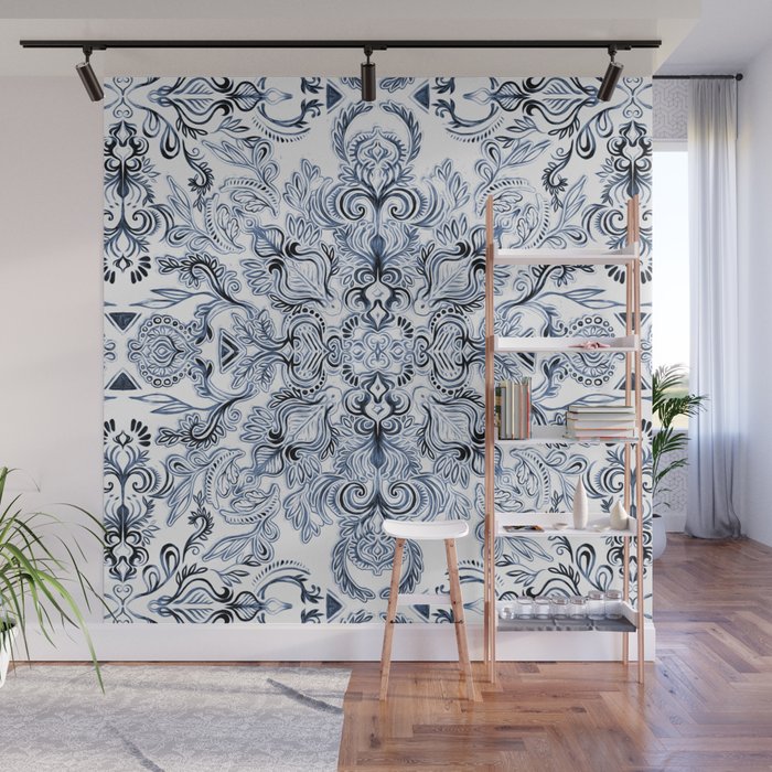 Indigo, Navy Blue and White Calligraphy Doodle Pattern Wall Mural Gallery Image 1
