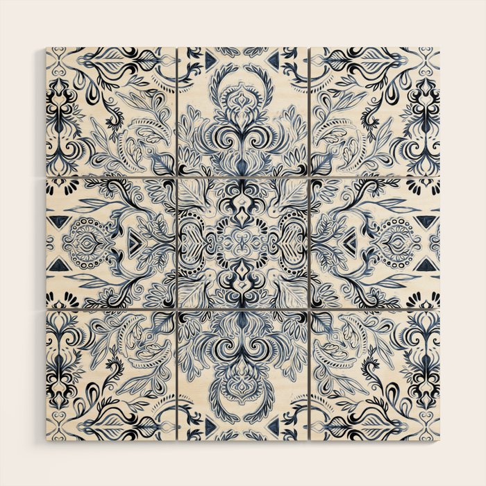 Indigo, Navy Blue and White Calligraphy Doodle Pattern Wood Wall Art Gallery Image 1