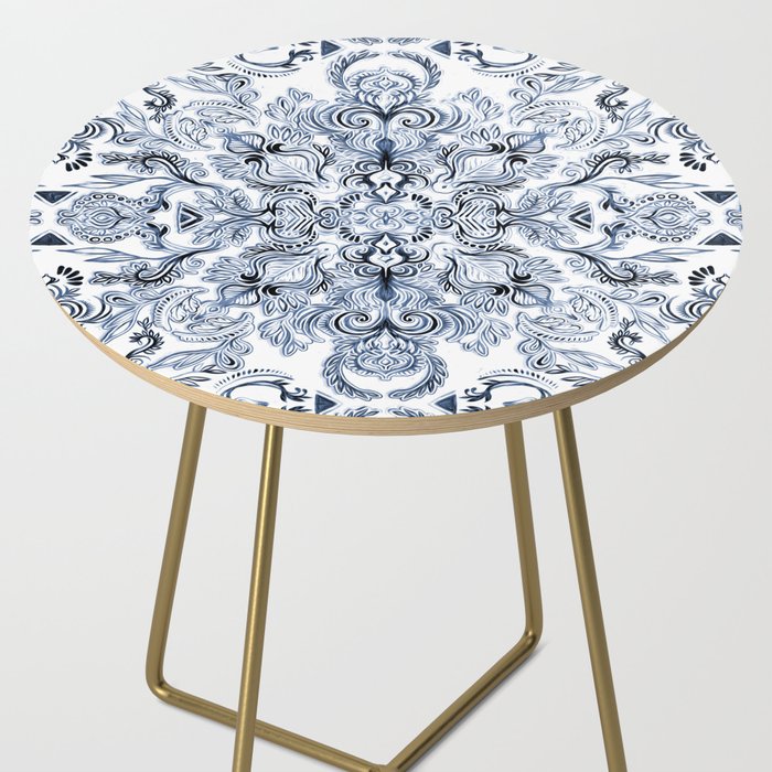 Indigo, Navy Blue and White Calligraphy Doodle Pattern Side Table Gallery Image 2