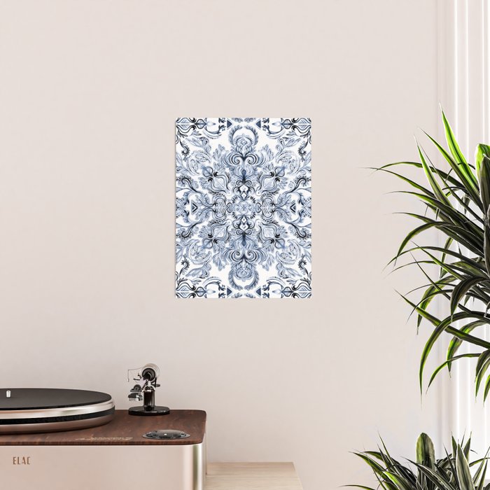 Indigo, Navy Blue and White Calligraphy Doodle Pattern Poster Gallery Image 2