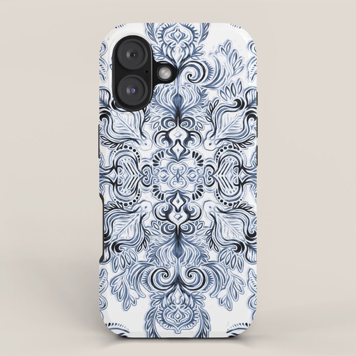 Indigo, Navy Blue and White Calligraphy Doodle Pattern iPhone Case Gallery Image 1