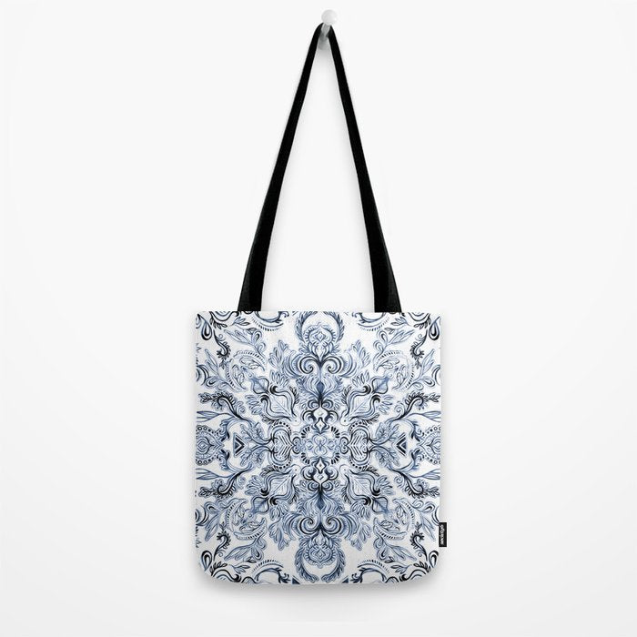 Indigo, Navy Blue and White Calligraphy Doodle Pattern Tote Bag Gallery Image 2