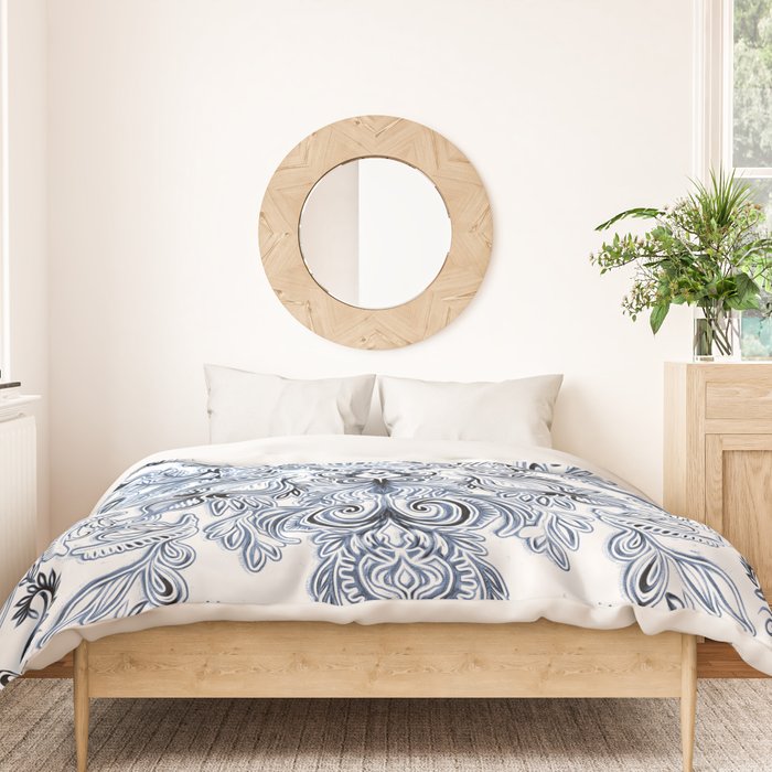 Indigo, Navy Blue and White Calligraphy Doodle Pattern Duvet Cover Gallery Image 3