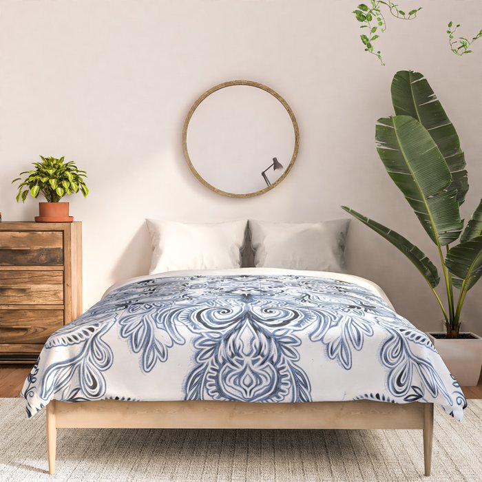 Indigo, Navy Blue and White Calligraphy Doodle Pattern Comforter Gallery Image 3