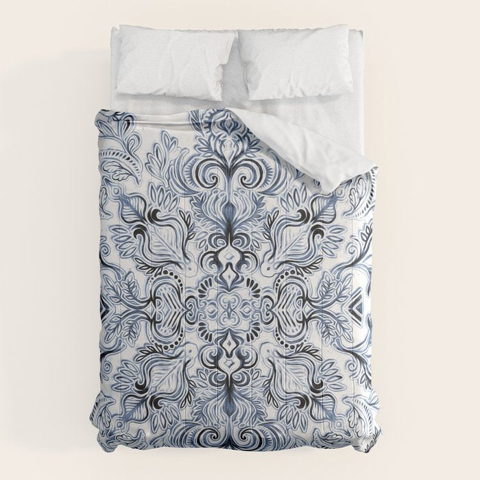 Indigo, Navy Blue and White Calligraphy Doodle Pattern Comforter Gallery Image 6