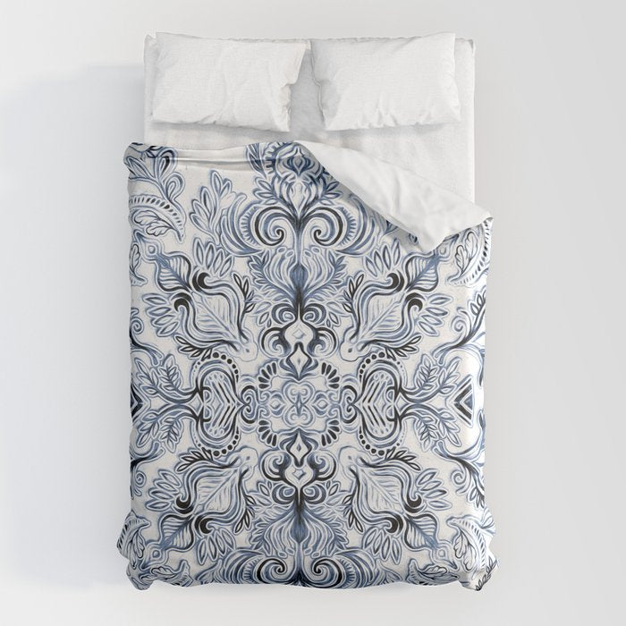 Indigo, Navy Blue and White Calligraphy Doodle Pattern Duvet Cover Gallery Image 1