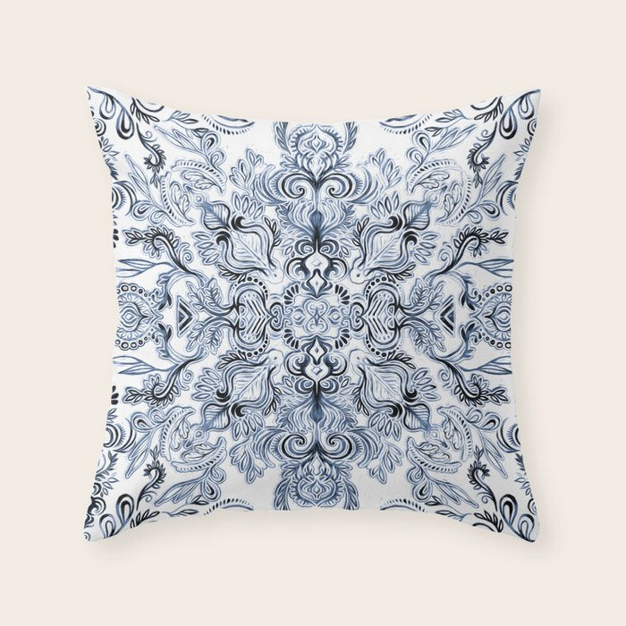 Indigo, Navy Blue and White Calligraphy Doodle Pattern Throw Pillow Gallery Image 1