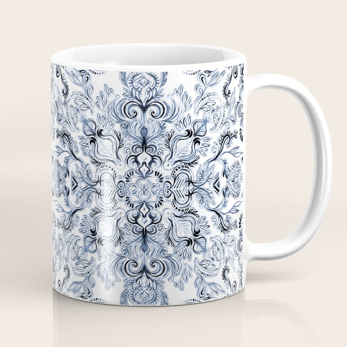 Indigo, Navy Blue and White Calligraphy Doodle Pattern Coffee Mug Gallery Image 1