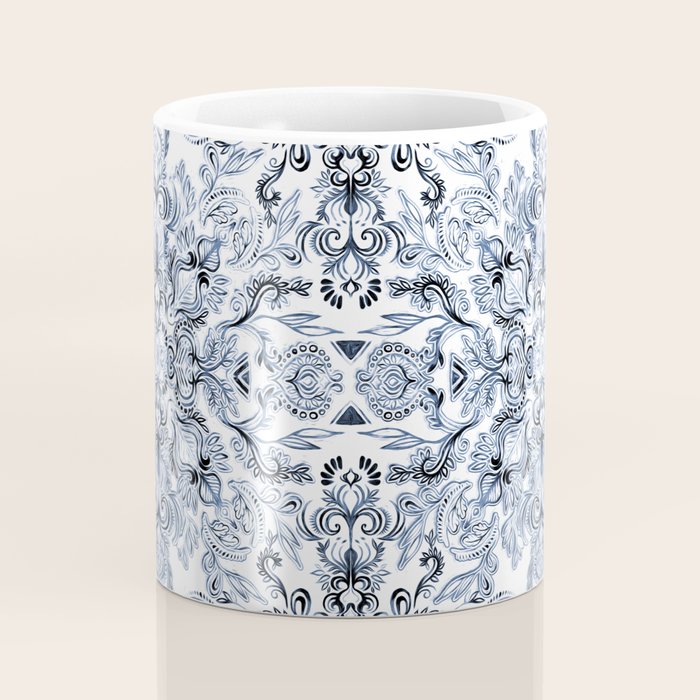 Indigo, Navy Blue and White Calligraphy Doodle Pattern Coffee Mug Gallery Image 4