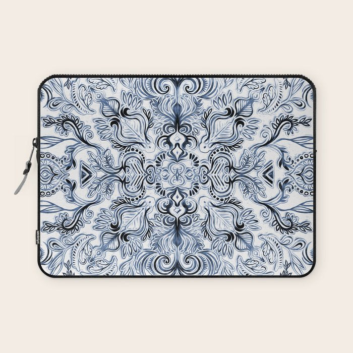 Indigo, Navy Blue and White Calligraphy Doodle Pattern Laptop Sleeve Gallery Image 1