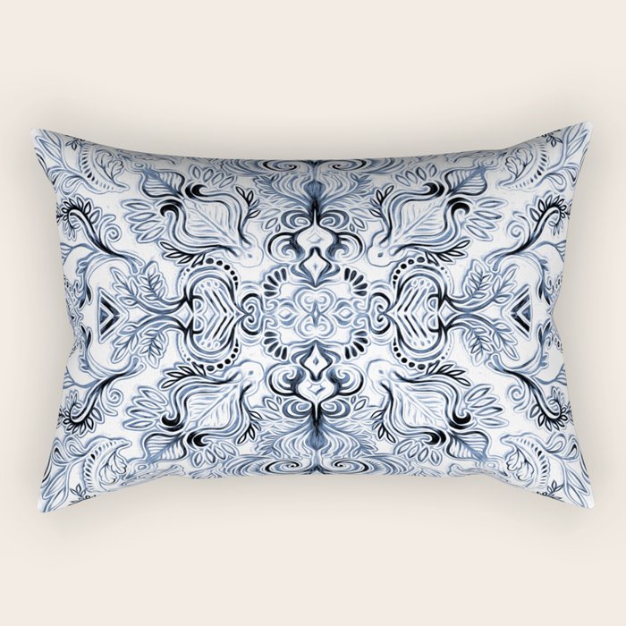 Indigo, Navy Blue and White Calligraphy Doodle Pattern Rectangular Pillow Gallery Image 2