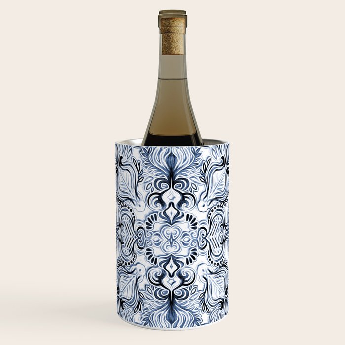 Indigo, Navy Blue and White Calligraphy Doodle Pattern Wine Chiller Gallery Image 1