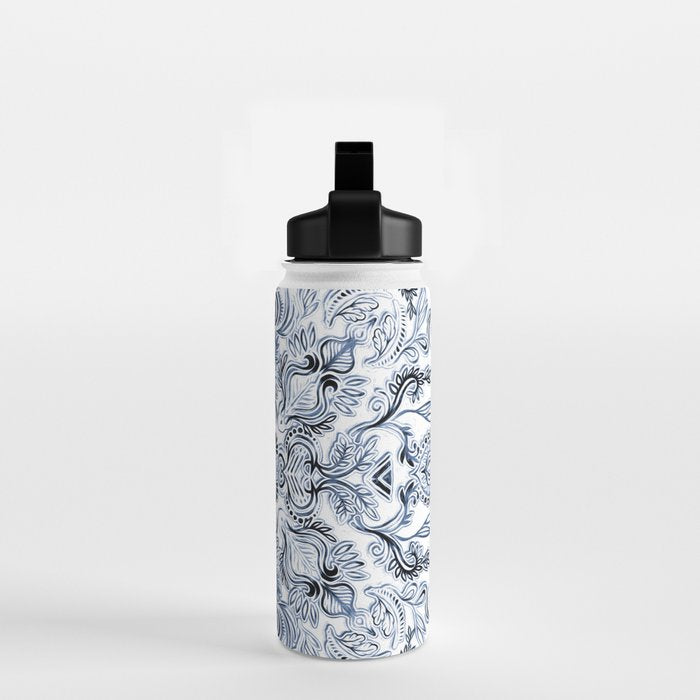 Indigo, Navy Blue and White Calligraphy Doodle Pattern Water Bottle Gallery Image 2