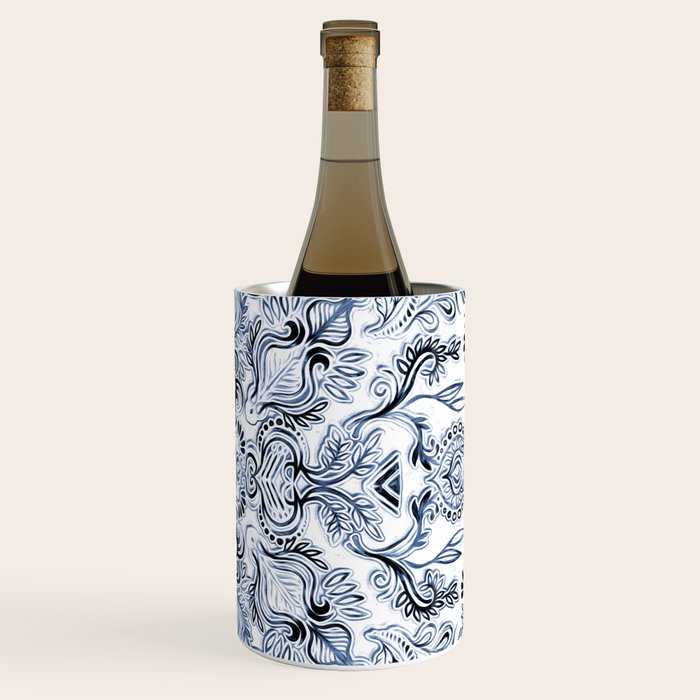 Indigo, Navy Blue and White Calligraphy Doodle Pattern Wine Chiller Gallery Image 3