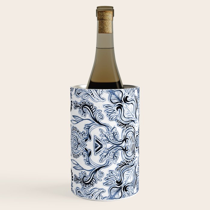 Indigo, Navy Blue and White Calligraphy Doodle Pattern Wine Chiller Gallery Image 2