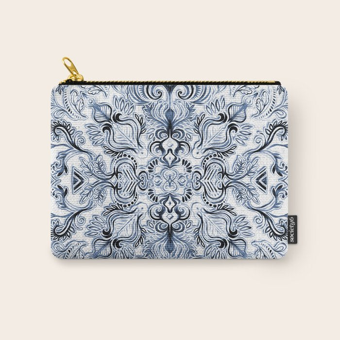 Indigo, Navy Blue and White Calligraphy Doodle Pattern Carry All Pouch Gallery Image 1