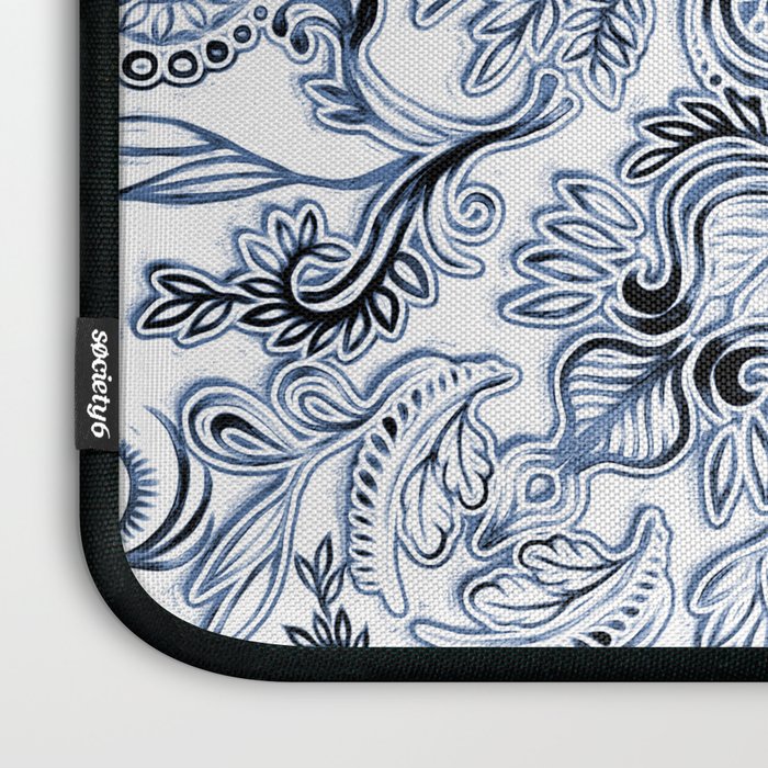 Indigo, Navy Blue and White Calligraphy Doodle Pattern Laptop Sleeve Gallery Image 3