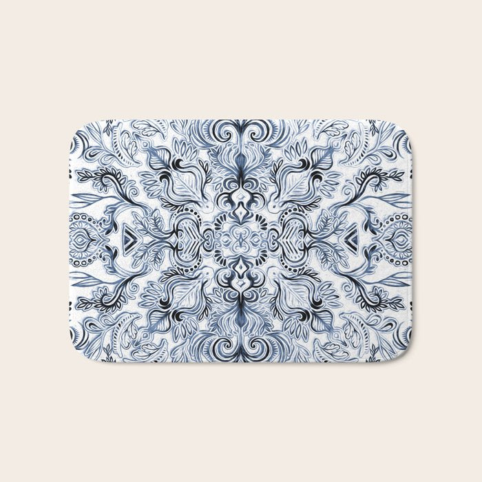 Indigo, Navy Blue and White Calligraphy Doodle Pattern Bath Mat Gallery Image 1