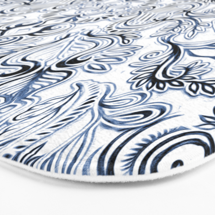 Indigo, Navy Blue and White Calligraphy Doodle Pattern Bath Mat Gallery Image 3