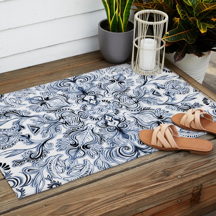 Indigo, Navy Blue and White Calligraphy Doodle Pattern Outdoor Rug Gallery Image 2