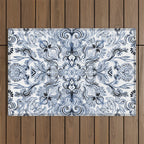 Indigo, Navy Blue and White Calligraphy Doodle Pattern Outdoor Rug Gallery Image 1