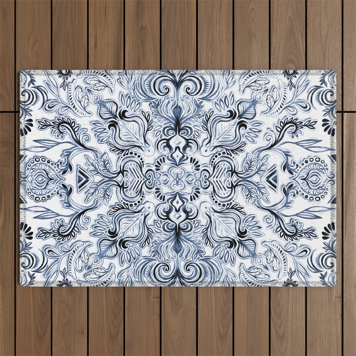 Indigo, Navy Blue and White Calligraphy Doodle Pattern Outdoor Rug Gallery Image 1