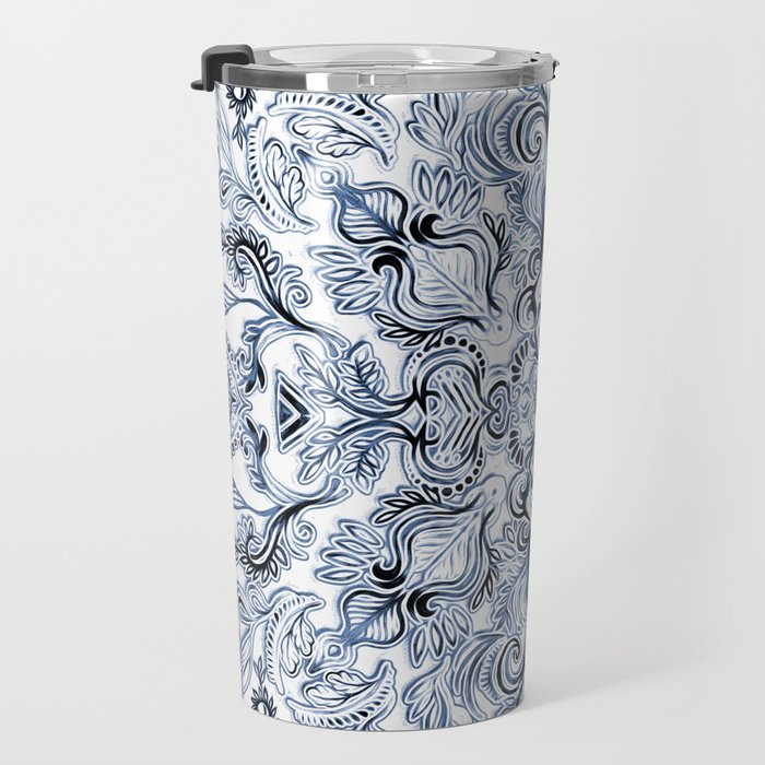 Indigo, Navy Blue and White Calligraphy Doodle Pattern Travel Mug Gallery Image 3