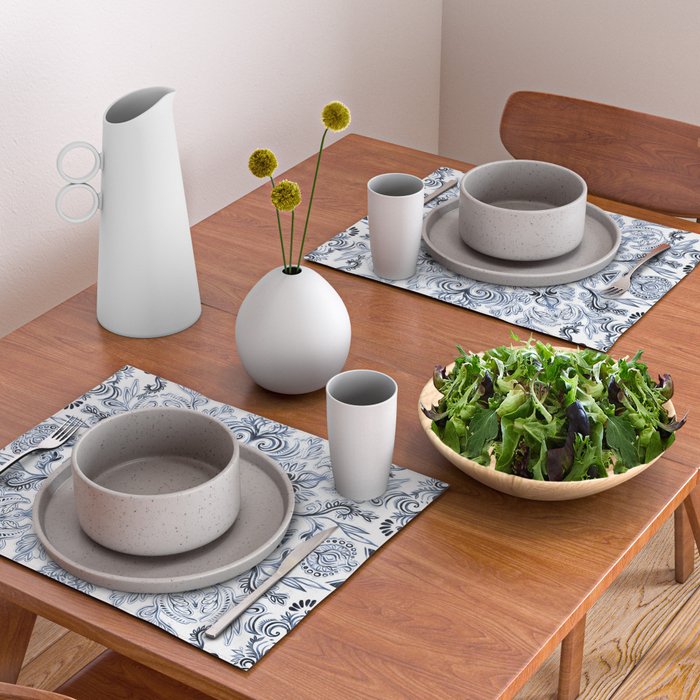 Indigo, Navy Blue and White Calligraphy Doodle Pattern Placemat Gallery Image 2